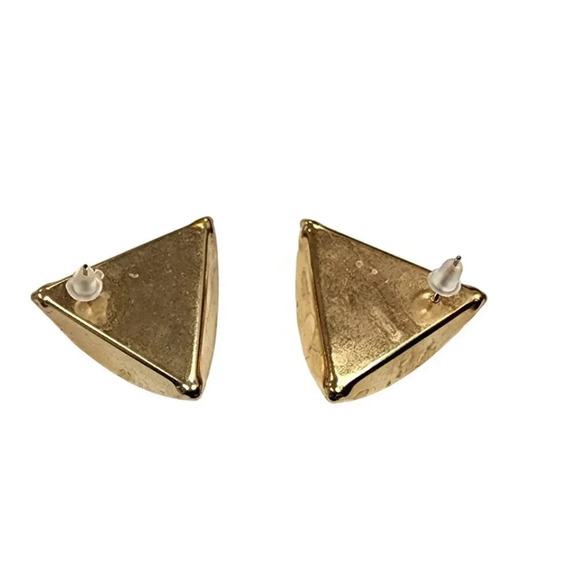 Vintage Pink Enamel Triangle Stud Earrings Gold Tone - Picture 2 of 2